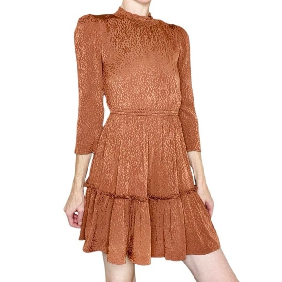 Madewell Brown Tan Animal Printed Mock Neck Ruffle Hem Mini Dress - Picture 1 of 8